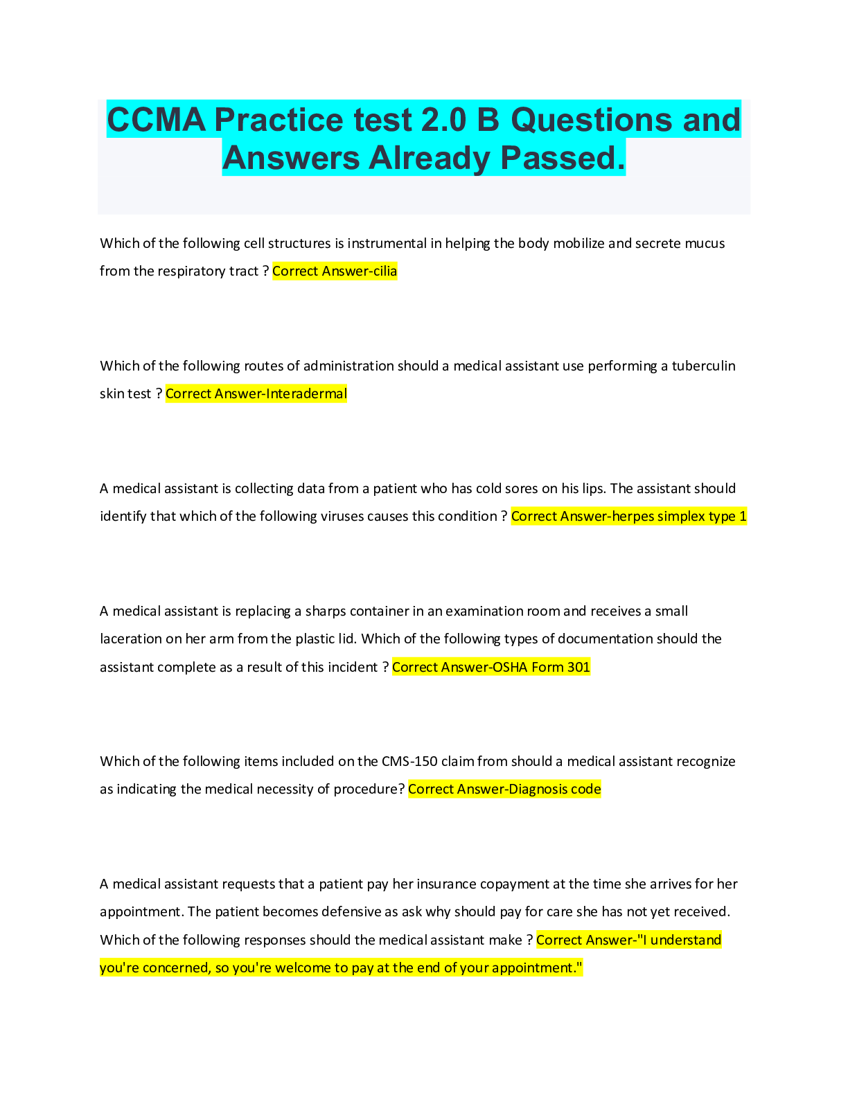 Preview image for CCMA Practice test 2.0 B Questions and Answers Already Passed.